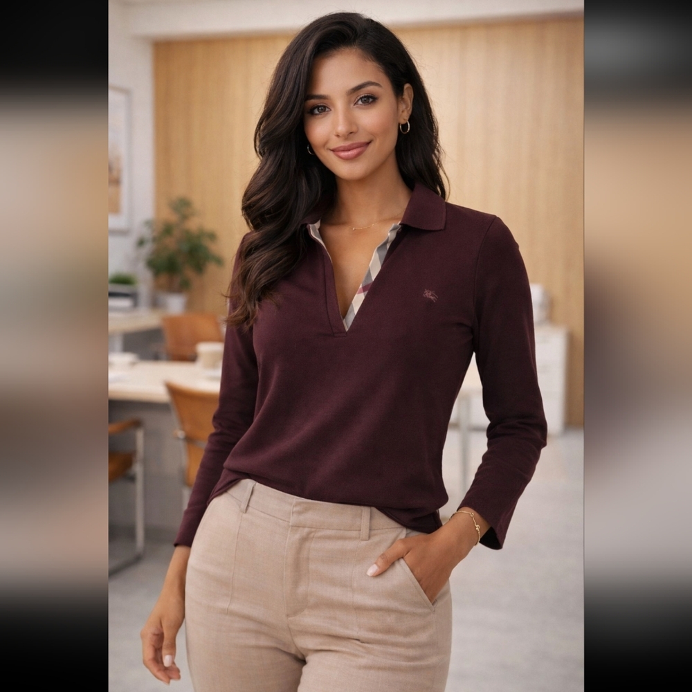 Burberry London Polo Top L Burgundy Nova Check Trim Cotton Stretch
